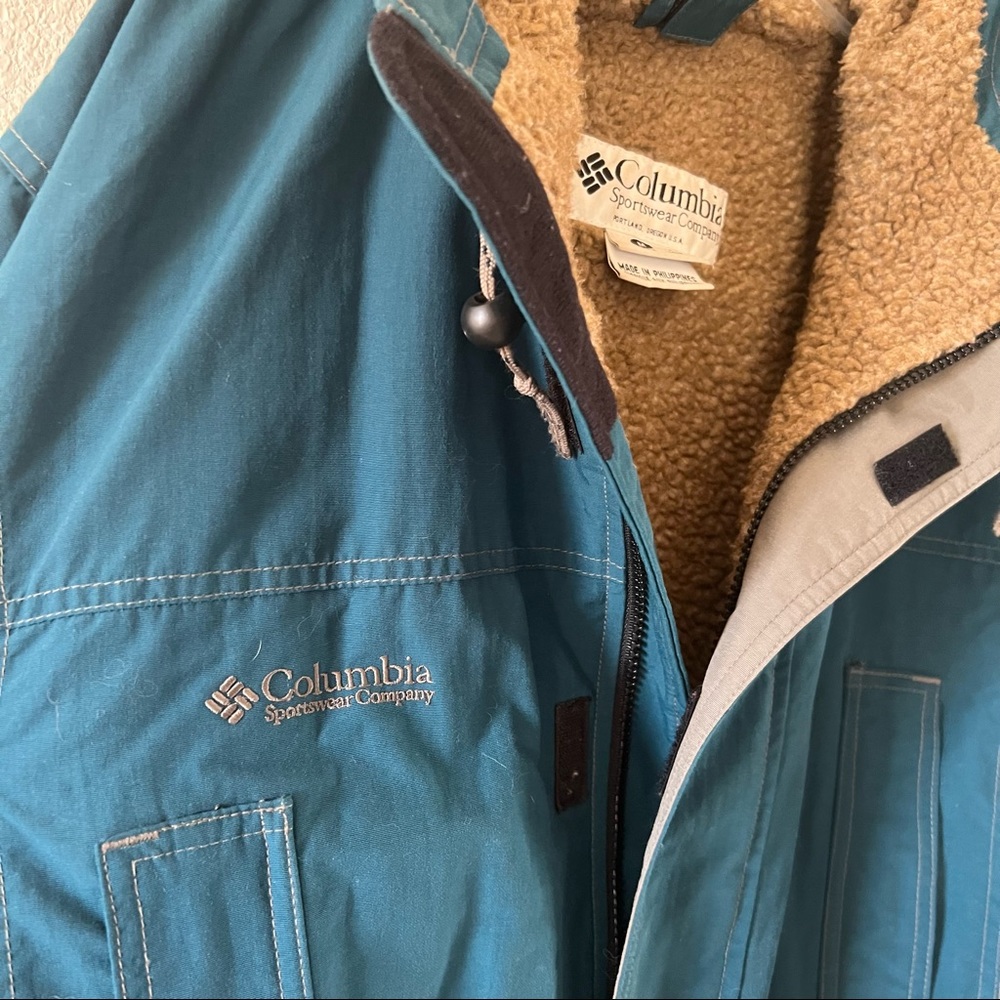 Retro Sherpa Lined Teal and Grey Mens Columbia Parka Jacket - Picture 7 of 10